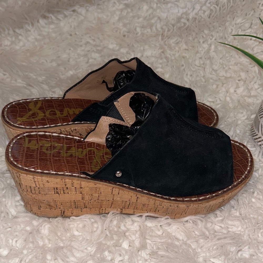 50%offw❤️ Sam Edelman Cork black suede platform mules 8 flaw wear heel see photo - Picture 3 of 6